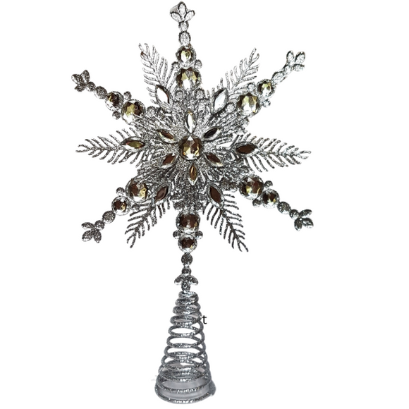 Elevate your holiday decor with our Star Light Star Bright Christmas Tree Sparkling Snowflake Star Topper. The shining silver finish coupled with sparkling diamond color gems create a luxurious touch. Add a touch of elegance to your Christmas tree with this exquisite decoration